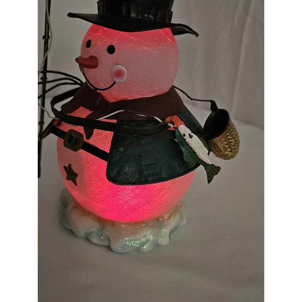 Kirkland's Fishing Snowman Collectible Lighted Crackle Glass Holiday Decor